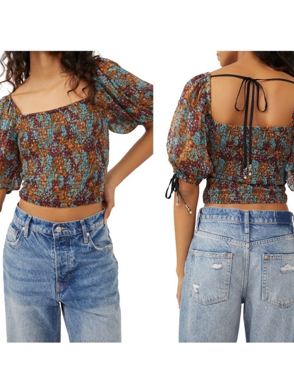 Free People Back On Top Crop Smocked Shirt Puff Sleeve Blouse Dark Combo Small